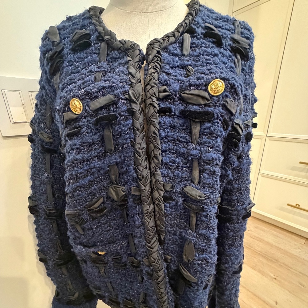 Tory Burch Timeless Navy and Black  Woven Jacket with gold button detail Size XL